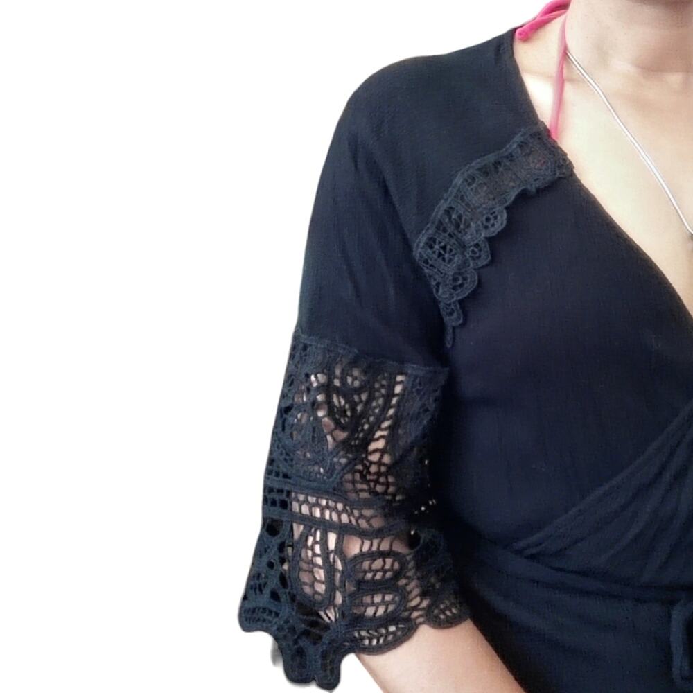 ISABELLA ROSE gauzy lace sleeve black boho beach cover up mini dress Size S NEW - Picture 6 of 10